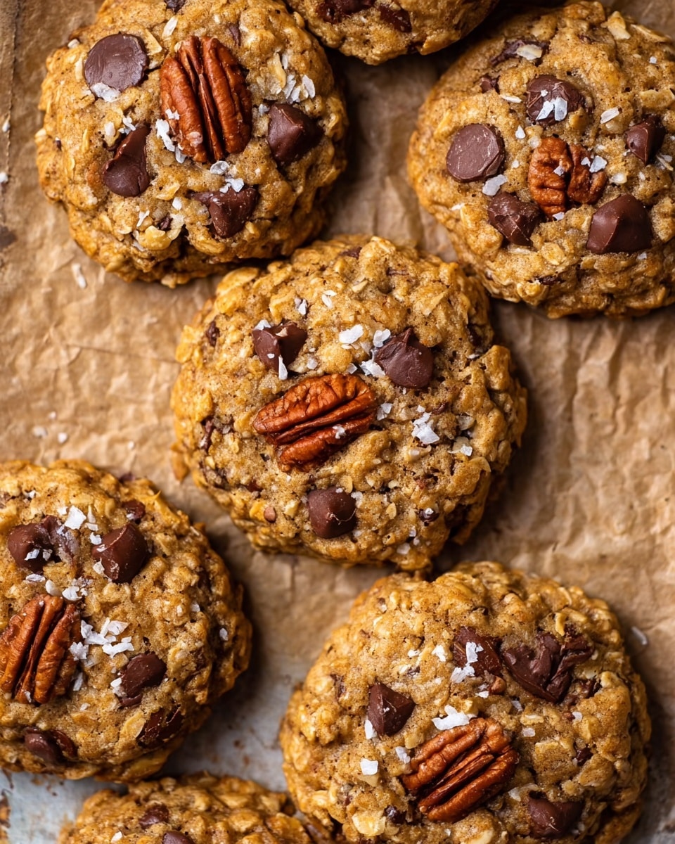 The image shows six thick cookies arranged closely on a wrinkled sheet of brown parchment paper. Each cookie has a golden-brown color with a rough texture full of visible oats. They have dark brown shiny chocolate chips and a few whole pecan halves pressed into the tops. Some cookies also have small white flecks of coconut scattered across. The cookies look soft and chunky, with uneven edges and a slightly cracked surface. The background is a white marbled texture. photo taken with an iphone --ar 4:5 --v 7