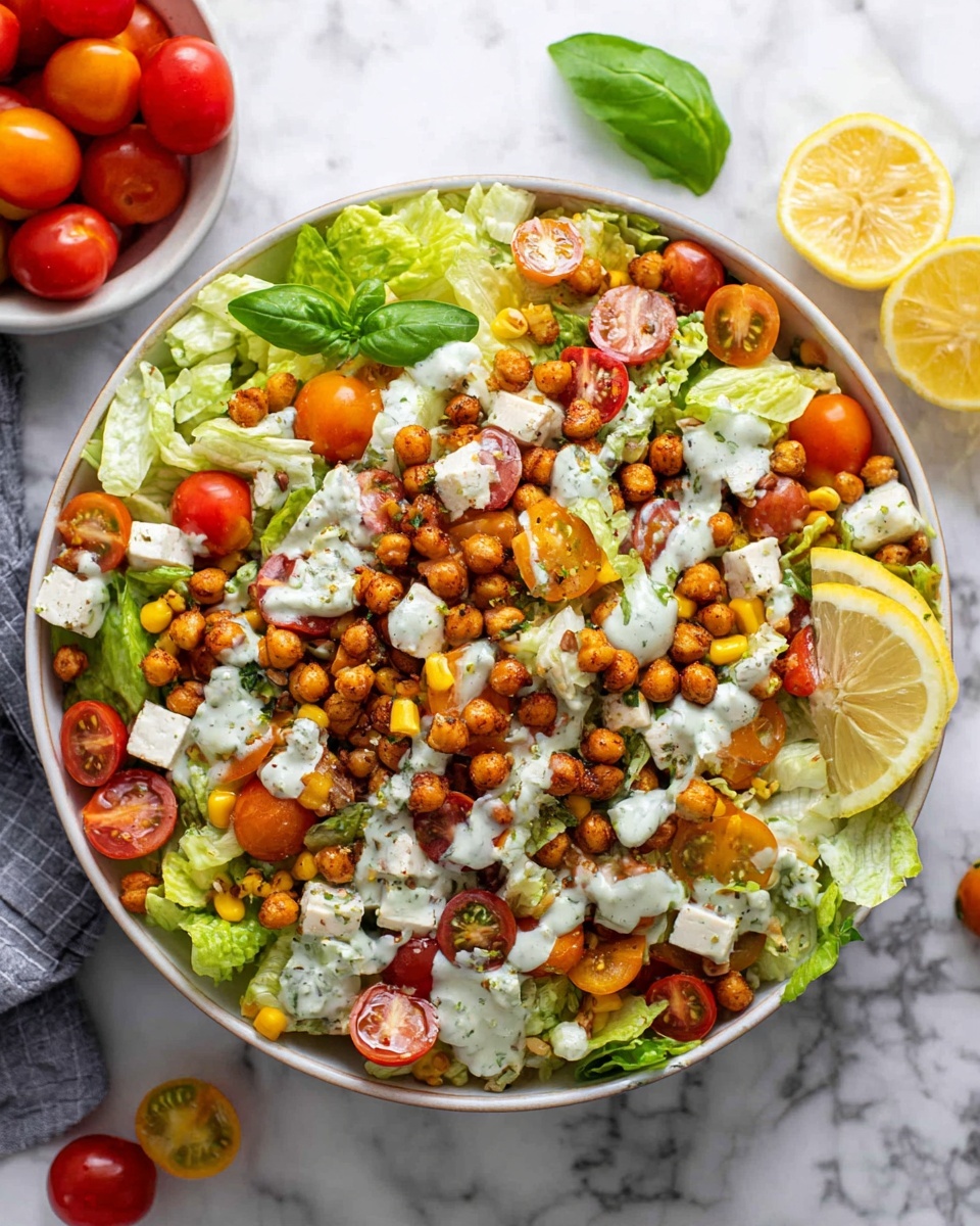 The dish shows a white bowl filled with a fresh salad layered with various ingredients. At the bottom, there is a bed of green lettuce leaves. On top of this is a mix of yellow corn kernels, orange and red cherry tomatoes (some whole, some sliced), and chunky pale green avocado pieces. Toasted, golden brown chickpeas are scattered generously over the salad. Fresh green basil leaves add color and texture on top. A light creamy dressing is drizzled unevenly over all the ingredients. The bowl sits on a white marbled surface, with some more cherry tomatoes and a small white plate with sauce and a silver spoon nearby. Photo taken with an iphone --ar 4:5 --v 7