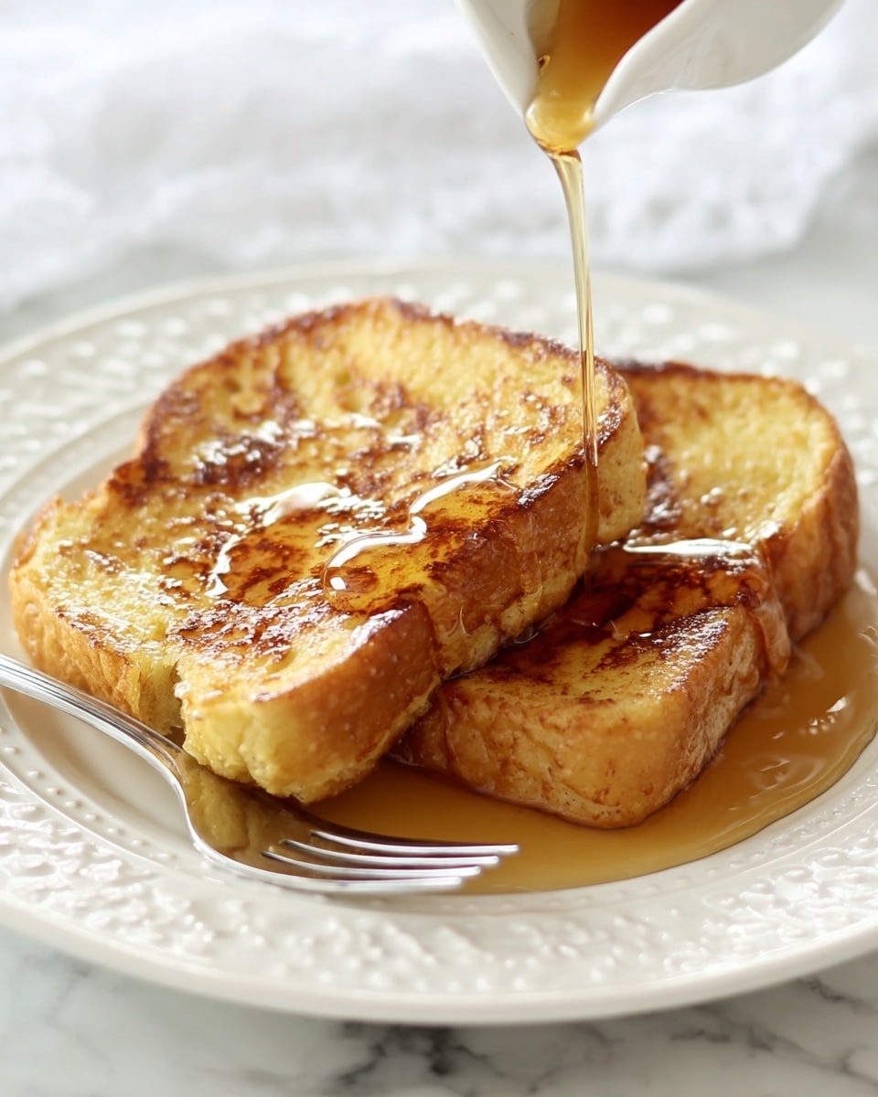 Three thick slices of golden brown French toast are stacked slightly overlapping on a white plate with a small dotted edge design. The toasts have a soft and fluffy texture inside with a slightly crispy, caramelized surface showing small brown grill marks. The syrup glistens on top of the toast and pools lightly around the base. A shiny fork rests on the left side of the plate. The scene is set on a white marbled surface with soft natural light creating a warm, inviting feel. Photo taken with an iphone --ar 4:5 --v 7
