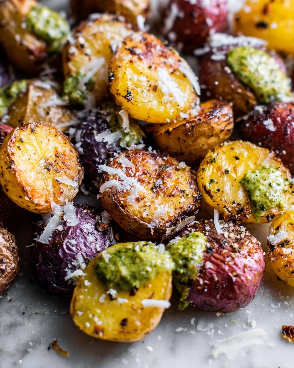 The image shows roasted small potatoes in different colors: red, yellow, and purple, with a crispy brown and golden texture on many. The potatoes are cut in half, showing their soft inside, and they are sprinkled with coarse salt and bits of white shredded cheese. Small dollops of green sauce are spread over the potatoes, adding color contrast. The scene is close-up, focused on the texture of the potatoes and the sauce, placed on a white marbled surface. photo taken with an iphone --ar 4:5 --v 7