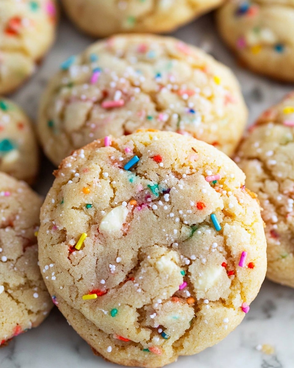 The image shows a close-up of several soft cookies piled together on a white marbled surface. Each cookie has a light golden color with a slightly rough texture and is decorated with many small, round, colorful sprinkles scattered throughout the dough. Some cookies have small white broken pieces on top, adding extra texture. The cookies have a slightly uneven round shape, with some cracks visible on their surface, giving a homemade look. Photo taken with an iphone --ar 4:5 --v 7