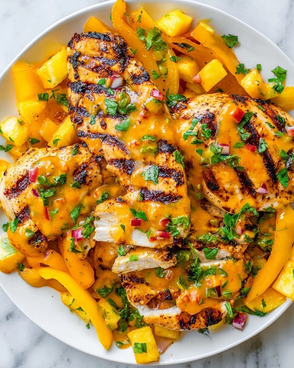 The image shows a white plate filled with grilled chicken pieces layered with a bright yellow-orange sauce on top, scattered with small bits of red, green herbs, and diced yellow fruit. There are three visible main chicken pieces with charred grill marks; one is whole, another sliced into strips, and the last one also whole but slightly covered by the sauce. Surrounding the chicken are many thin, grilled yellow pepper strips and chunks of the yellow fruit. The overall look is colorful and fresh with a mix of orange, yellow, and green tones on a white plate placed on a white marbled surface. photo taken with an iphone --ar 4:5 --v 7