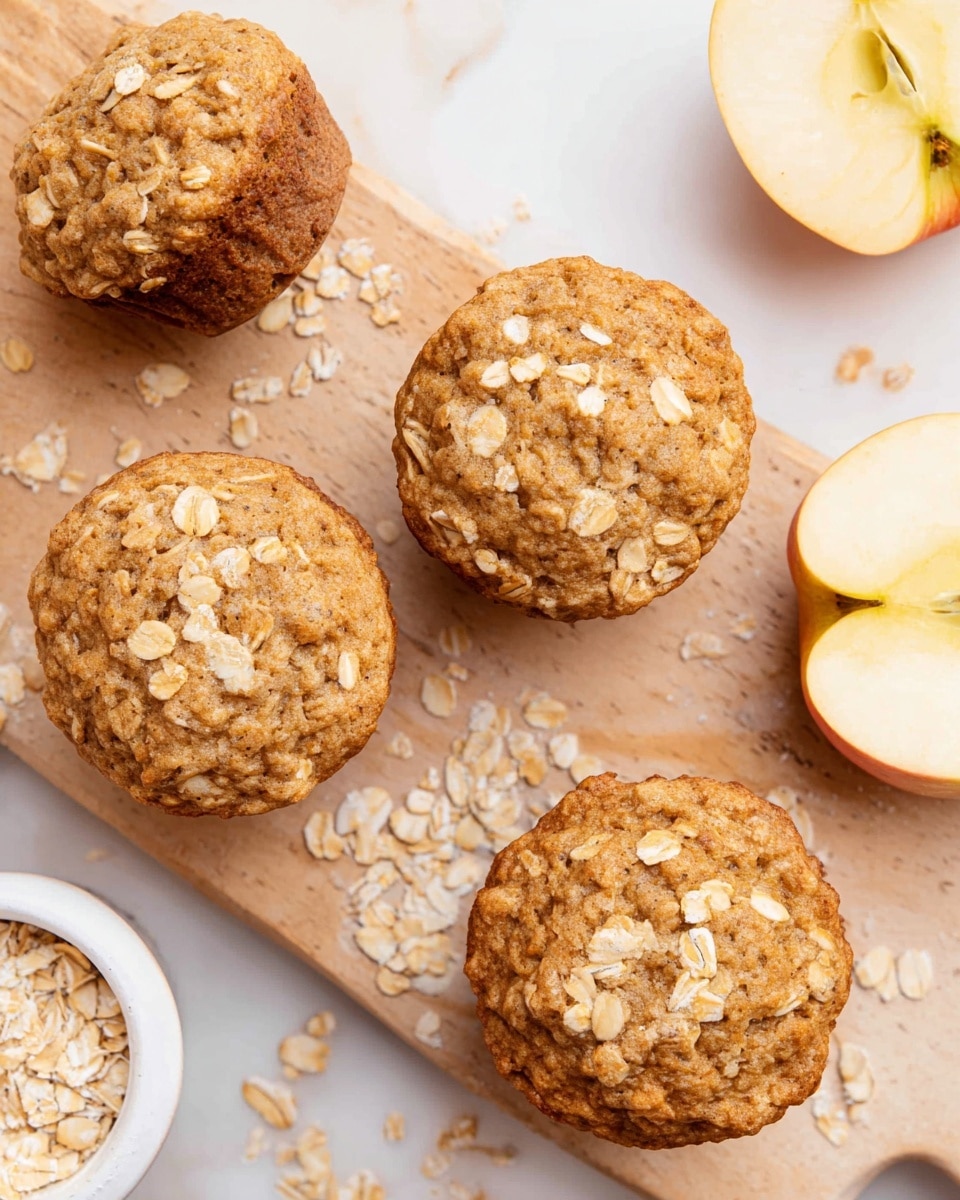 Four oatmeal muffins with a rough, golden-brown top showing visible oat pieces are arranged on a light wooden board, with one muffin placed on the white marbled surface nearby. Scattered pale oatmeal flakes lie on both the wooden board and the white marbled surface. At the edges of the image, part of a white muffin pan and a halved apple with yellow and red skin are visible. The scene is bright and clean, emphasizing the texture of the muffins and oatmeal. photo taken with an iphone --ar 4:5 --v 7
