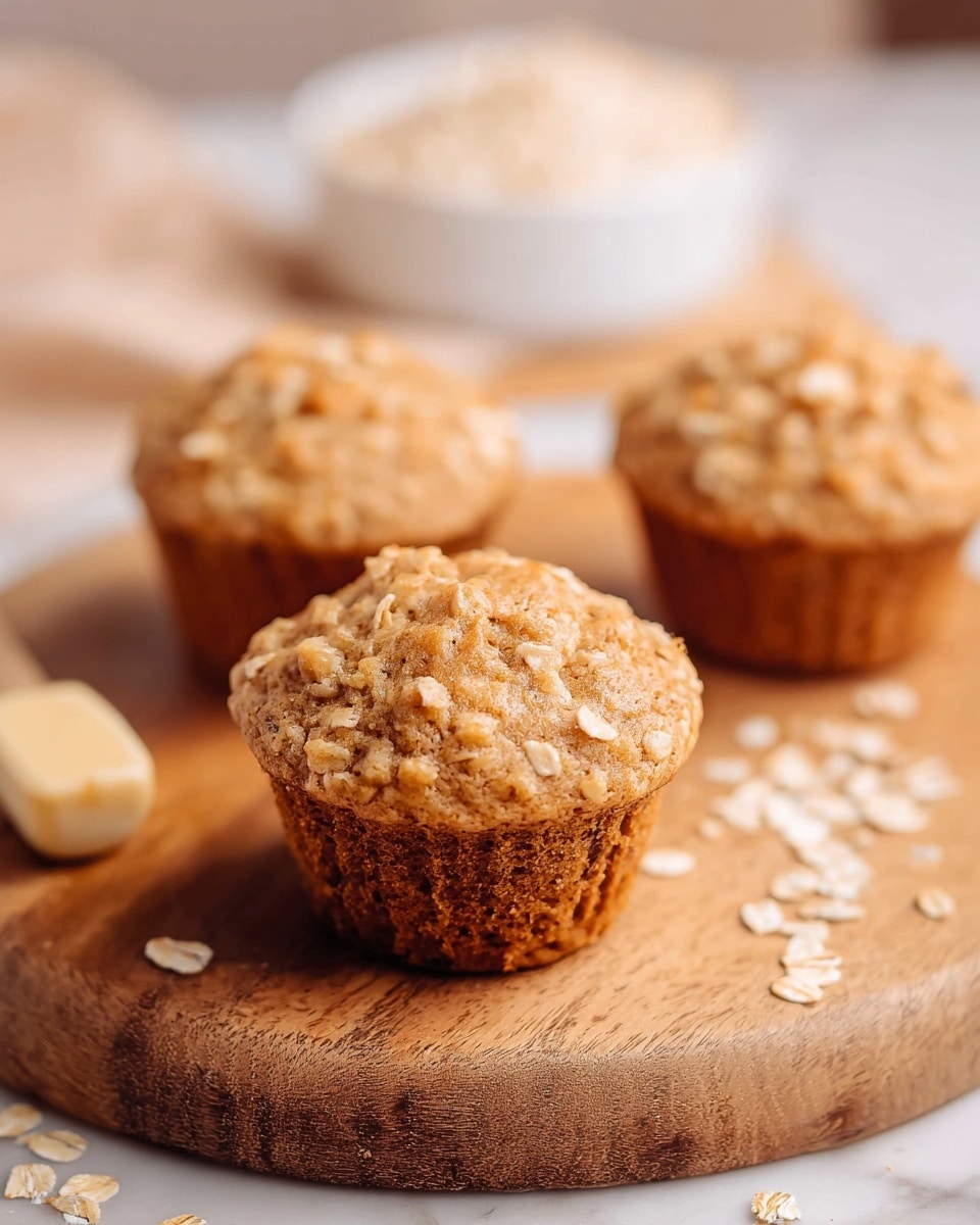 Three oatmeal muffins sit on a round wooden board with a rough texture. The muffins have a light brown color with a slightly cracked and crumbly top layer that looks soft. Around the board, there are scattered dry oatmeal flakes. In the background, a white scoop filled with oatmeal is slightly out of focus on a white marbled surface. The photo taken with an iphone --ar 4:5 --v 7