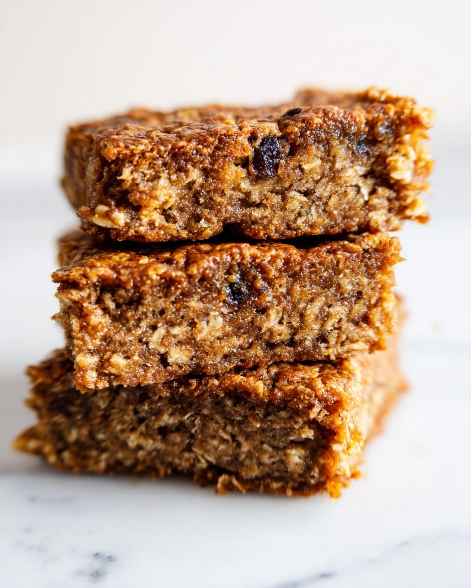 A square baked cake-like dessert is shown here, divided into nine pieces with rough edges. Its surface is brown and slightly crumbly with a soft texture. Light-colored oat flakes are scattered unevenly on the top, adding texture and contrast. The dessert rests on a white marbled surface with a piece of parchment paper underneath. photo taken with an iphone --ar 4:5 --v 7