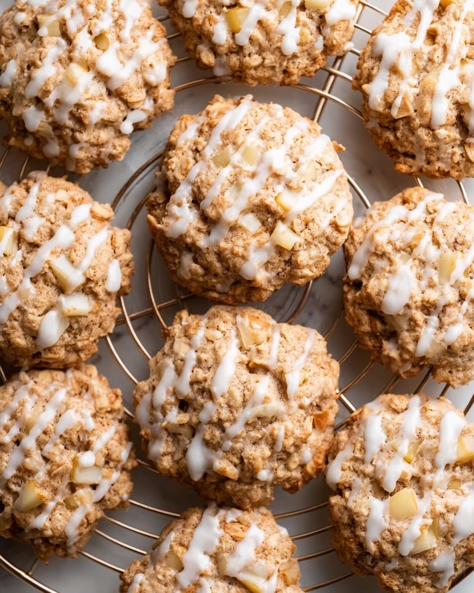 A close-up view of round oatmeal cookies with small apple chunks inside each one, all arranged on a round metal cooling rack. The cookies have a rough texture, light brown color, and are topped with thin white icing drizzle that creates a shiny effect on top. The cooling rack and cookies rest on a white marbled surface. The cookies are clustered close together, showing their soft and chunky details with some icing droplets around the edges. Photo taken with an iphone --ar 4:5 --v 7