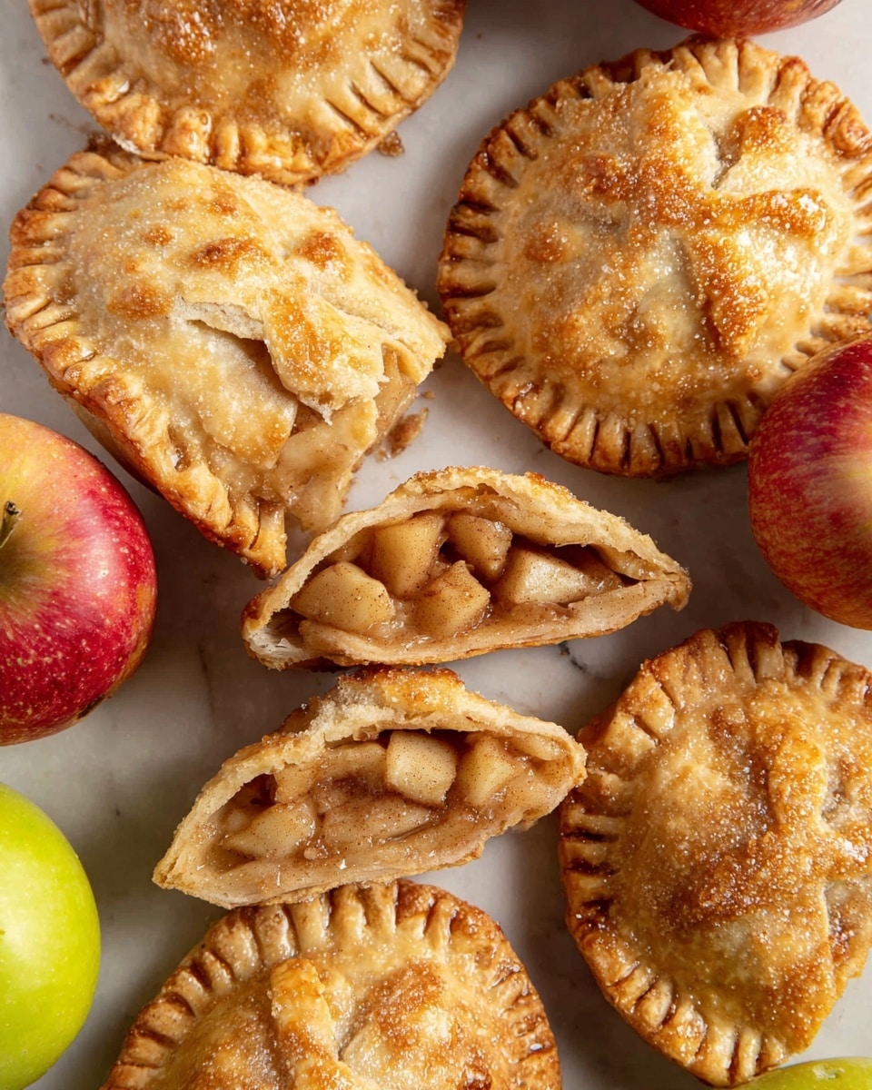 The image shows several round hand pies placed closely on a light brown baking sheet on a white marbled surface. Each hand pie has a golden-brown baked crust with crimped edges and a small vent slit on top, sprinkled with coarse sugar crystals that shine under the light. There are two whole apples visible, one red and one green, placed among the pies, adding color contrast. The texture of the crust looks flaky and crisp, with a slightly darker baked edge. Photo taken with an iphone --ar 4:5 --v 7