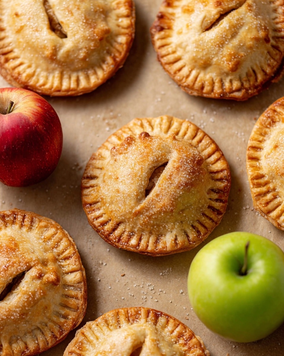 The image shows a stack of three small golden brown hand pies with crimped edges and a light sprinkling of coarse sugar on top, placed on a white marbled surface. Each pie has a slightly textured, flaky crust with a warm, inviting color that ranges from pale beige to deep golden brown at the edges. Around the pies, there are whole red and green apples adding bright spots of natural red and green colors, enhancing the autumnal feel of the scene. In the foreground, a single pie with a small cut hole on top shows the warm brown filling inside. The photo taken with an iphone --ar 4:5 --v 7