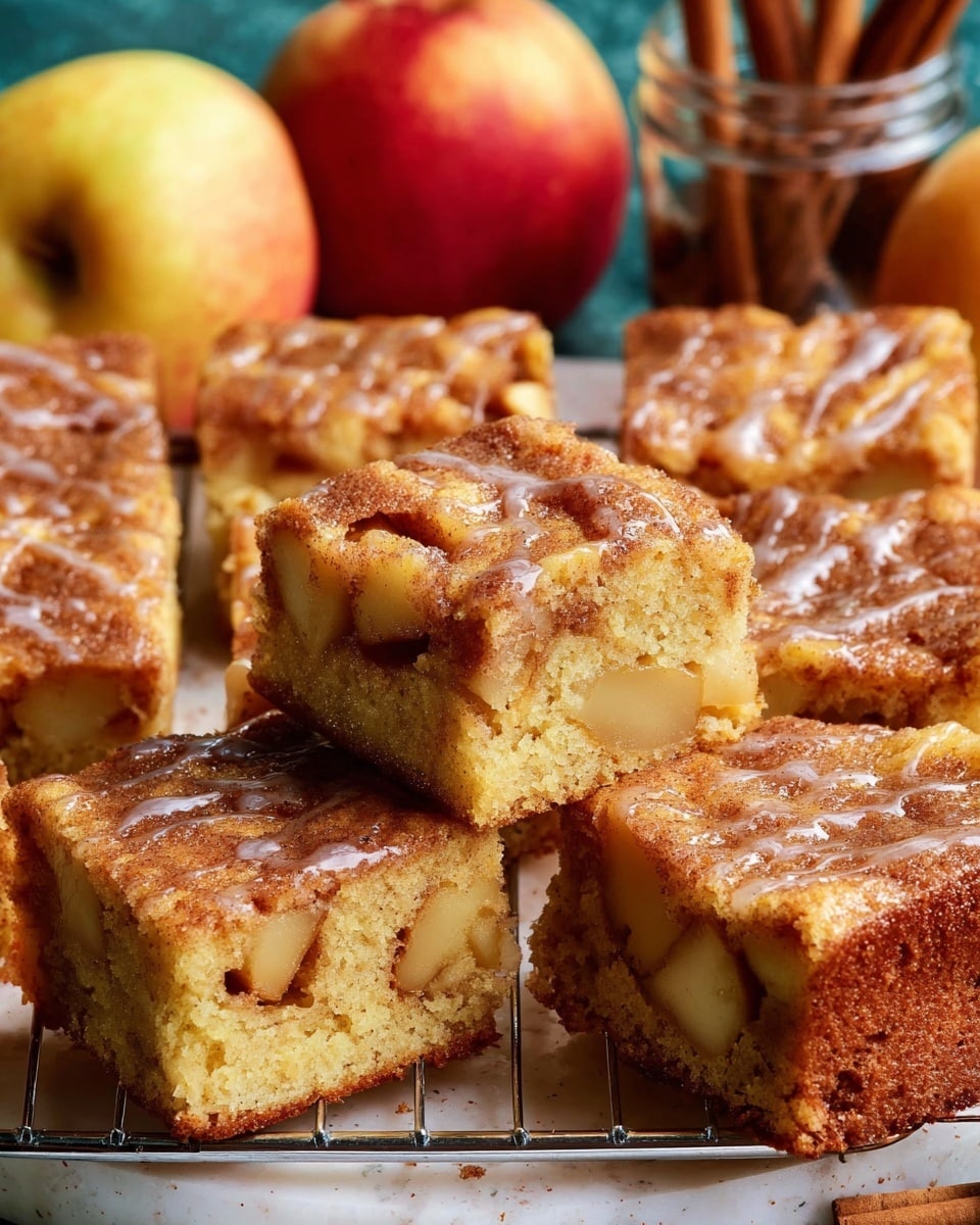 The image shows several square pieces of apple cinnamon cake arranged closely together on a white wire rack set on a white marbled surface. Each cake piece has two visible layers: a dense, light yellow cake base with chunks of apple embedded inside, and a top layer coated with a cinnamon sugar mixture that creates a textured, slightly cracked surface with a shiny glaze drizzled over the top. In the background, there are whole red-yellow apples and a glass jar with cinnamon sticks, adding to the autumn feel. One square is tilted, showing the inside apple pieces clearly. Photo taken with an iphone --ar 4:5 --v 7