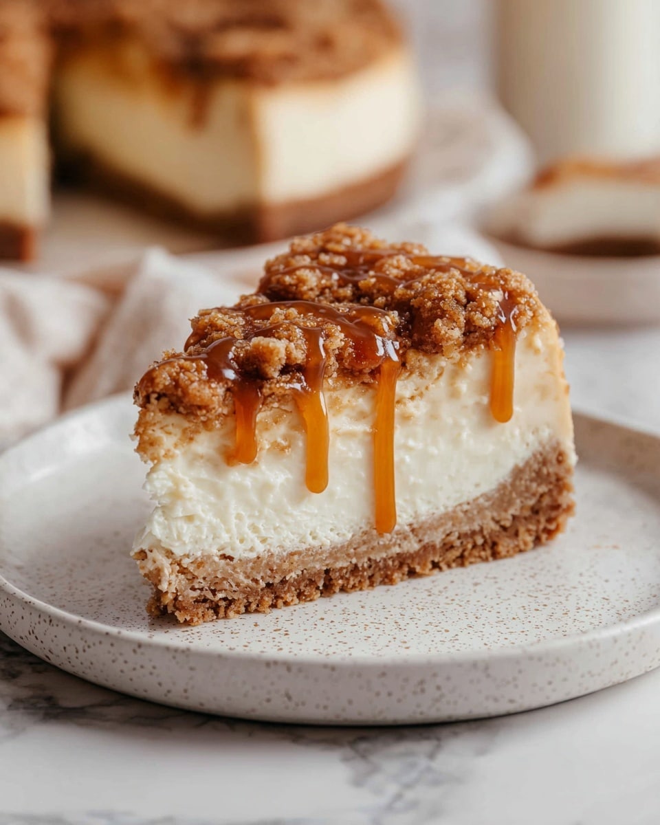 The image shows a round cheesecake with three clear layers sitting on a wooden cake stand over a white marbled surface. The bottom layer is a thick, dark brown crust. The middle layer is a smooth, creamy pale yellow cheesecake. The top layer is a crumbly, golden brown streusel with bits of nuts or oats sprinkled all over. There are thin caramel drizzle lines falling down the sides of the cake. The background is softly blurred with neutral colors and dried plants in a vase. A bowl with light brown sugar and cinnamon sticks is partially visible in the foreground on the white marbled surface. photo taken with an iphone --ar 4:5 --v 7