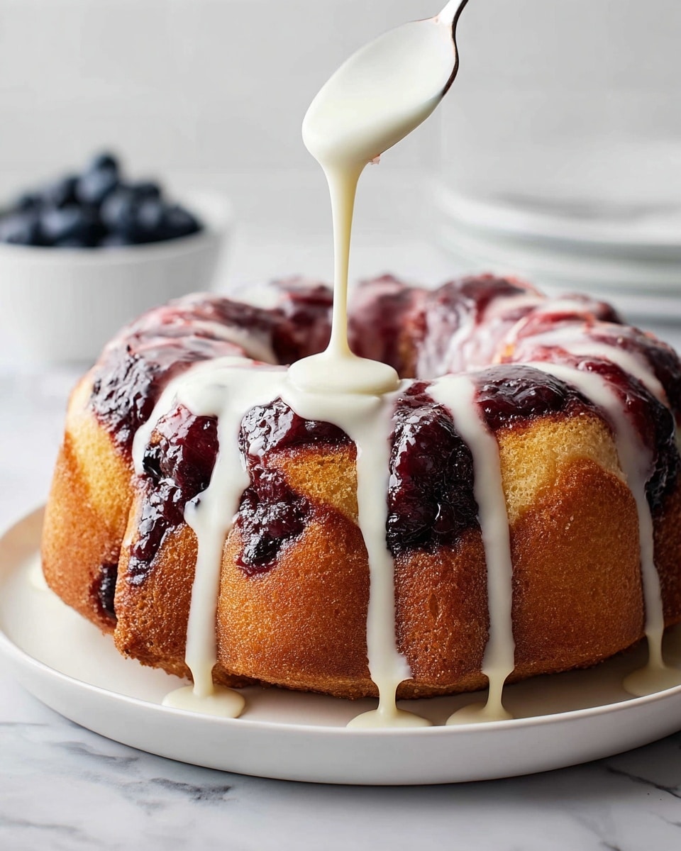 A round Bundt cake sits on a white plate on a white marbled surface. The cake has one layer of golden brown dough with a sticky dark red berry jam filling baked into the top rim. A creamy white glaze is being poured from a spoon onto the cake, slowly dripping down the sides and contrasting with the dark jam. In the background, there is a small white bowl of fresh blueberries. The overall image is bright with soft lighting, highlighting the textures of the shiny jam, moist cake, and smooth glaze. Photo taken with an iphone --ar 4:5 --v 7