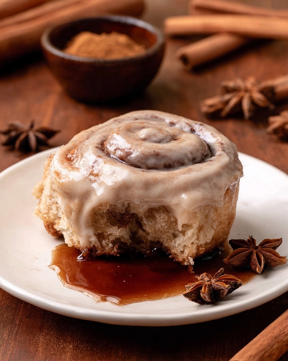 A cinnamon roll with one large swirl layer of light brown spiced icing on top, showing a soft, fluffy interior with a bite taken out on the left side. The roll is sitting on a white plate with a small puddle of dark brown cinnamon syrup spreading out from under it. The background is a warm brown wooden surface with cinnamon sticks and star anise scattered around and a small bowl filled with cinnamon powder and another with star anise in the back. Photo taken with an iphone --ar 4:5 --v 7