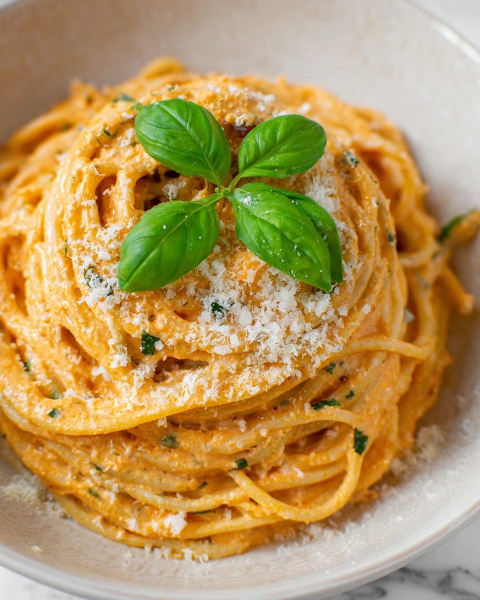 A close-up view of a single serving of spaghetti layered in a white bowl, covered in a thick, creamy orange sauce with visible green herb specks. The spaghetti is swirled tightly to form a dome shape at the center of the bowl. There is a layer of finely grated white cheese sprinkled unevenly on top and around the pasta. On the very top, four bright green fresh basil leaves are neatly placed in a cross shape, providing a fresh and vibrant contrast to the creamy pasta beneath. The background features a white marbled texture. photo taken with an iphone --ar 4:5 --v 7