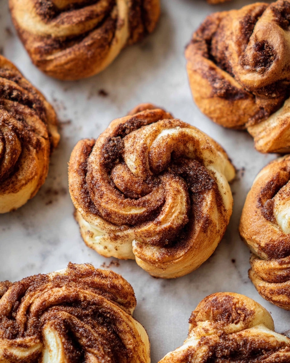The image shows several twisted cinnamon buns placed closely together on a white marbled surface. Each bun has about three visible layers of soft, light brown dough swirled tightly with a dark brown cinnamon sugar filling. The buns are golden brown on the outside with a slightly crumbly texture on top where the cinnamon sugar has caramelized and spilled out onto the surface. The overall look is warm and inviting with a mix of smooth dough folds and rough cinnamon sugar patches photo taken with an iphone --ar 4:5 --v 7
