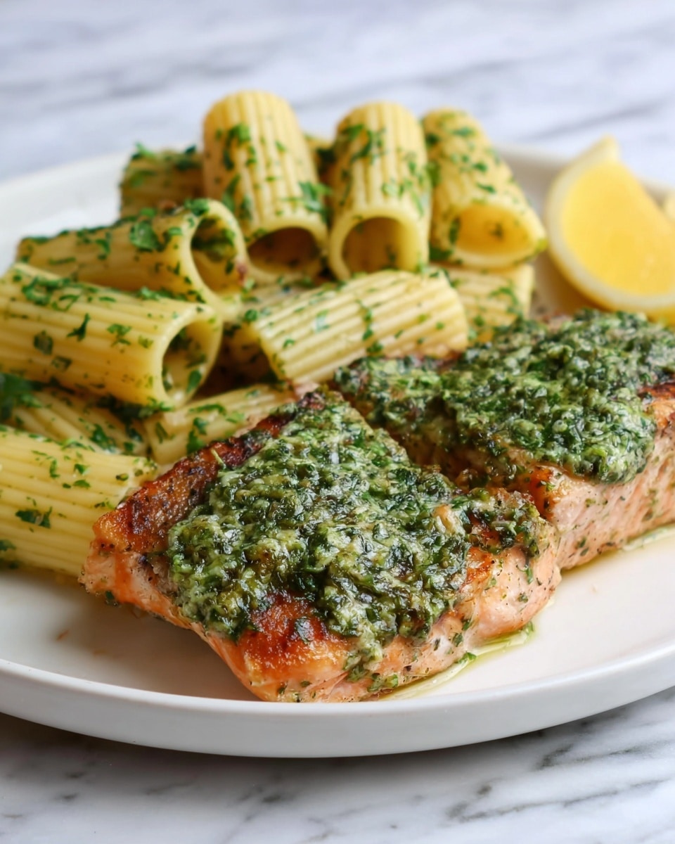 The dish shows a white plate with two main parts: rigatoni pasta and a salmon fillet. The rigatoni is pale yellow with a smooth texture, covered with a green herb sauce giving a speckled look, placed on the back left of the plate. In front on the right, the salmon fillet has a crispy light brown skin and a thick spread of bright green herb sauce on top, showing a mix of finely chopped herbs and oil. A small slice of lemon with a pale yellow color sits at the far edge of the plate. The plate is placed on a white marbled surface. Photo taken with an iphone --ar 4:5 --v 7