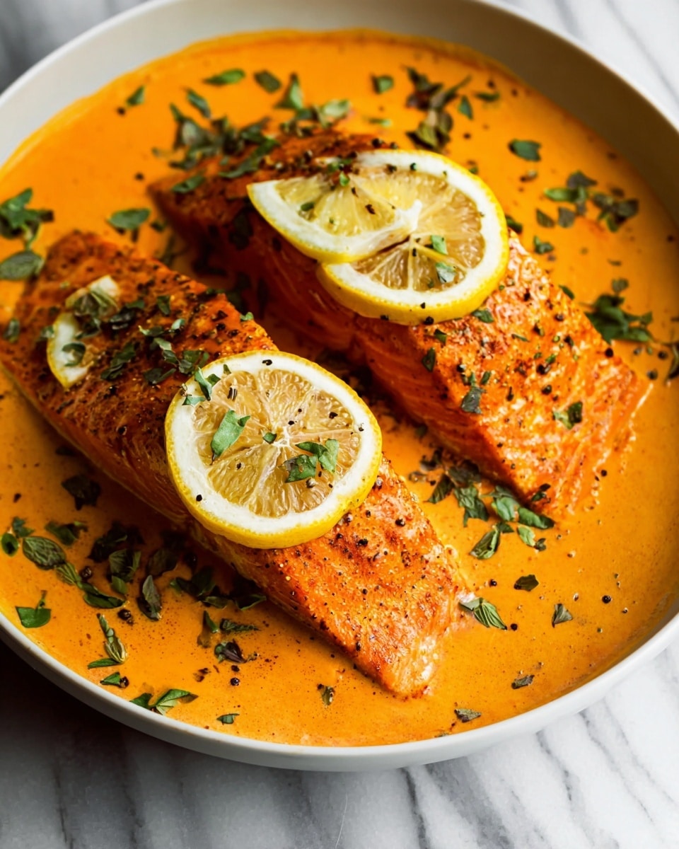 Two cooked salmon fillets with a bright orange color rest in a smooth, creamy orange sauce that fills the bottom of a white bowl. Each salmon piece is topped with a thin lemon slice and sprinkled with small green herb leaves and coarse black pepper. More lemon slices and scattered green herbs float in the sauce around the salmon. The bowl sits on a white marbled surface. photo taken with an iphone --ar 4:5 --v 7