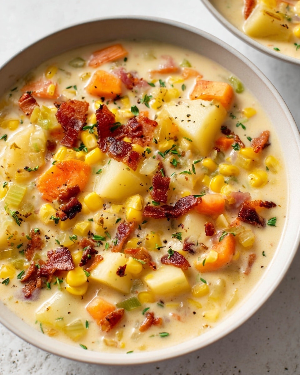 A creamy soup in a large round yellow pot with a black rim is shown. The soup has small pieces of yellow corn, orange carrot, white potato, and bits of dark brown bacon scattered throughout. There are small green herb pieces sprinkled on top. A metal ladle dipped in the soup holds a portion, showing the thick, creamy texture with visible vegetable chunks. The pot is placed on a white marbled surface. Photo taken with an iphone --ar 4:5 --v 7