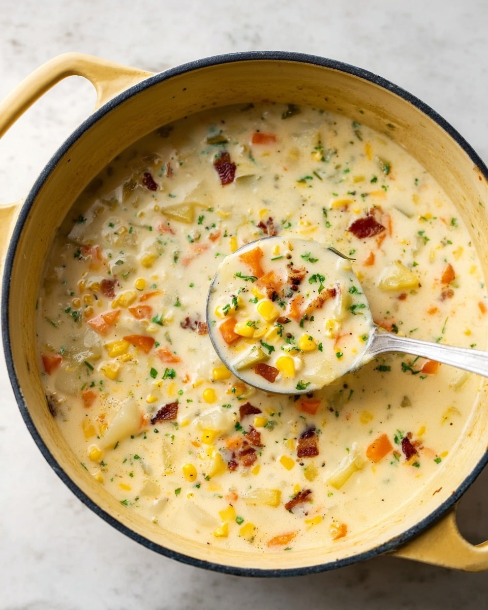 A close-up view of creamy corn chowder served in a white bowl, filled with a mix of chunky yellow corn, white potato cubes, orange carrot pieces, and small green celery bits, all in a light cream-colored soup base. There are crunchy, small dark reddish-brown bacon bits scattered on top, along with tiny green herb leaves evenly spread throughout. The bowl sits on a white marbled textured surface. Photo taken with an iphone --ar 4:5 --v 7