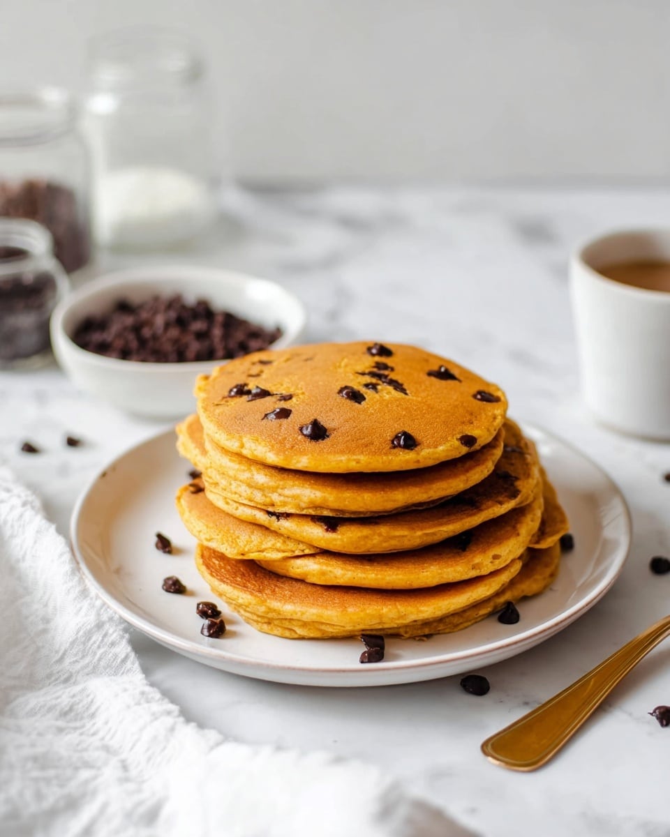 The image shows a stack of six round pumpkin chocolate chip pancakes with a light golden brown color and small dark chocolate chips embedded throughout each pancake. The pancakes are on a white plate, sitting on a white marbled surface. The plate is slightly angled, giving a clear view of the thickness and texture of the pancakes. In the background, there is a small white bowl with extra chocolate chips, glass containers, a white cup with coffee nearby, and some white cloth casually placed on the side, all set on the same white marbled surface. photo taken with an iphone --ar 4:5 --v 7