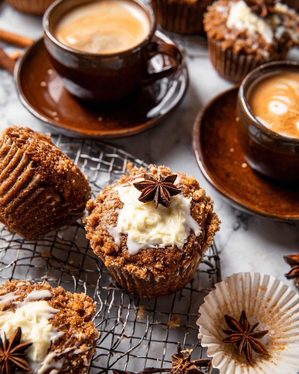 The image shows several brown muffins with a rough texture and a white cream cheese layer spread unevenly on top, some drizzled with a light glaze. The muffins have crumbly bits on the outer edges. They are placed on a metal cooling rack over a white marbled surface. Two brown cups with matching saucers hold a creamy coffee drink, each topped with a dark brown star anise floating on the foam. Empty white muffin liners with star anise beside them are scattered around. The warm colors of the muffins and coffee contrast softly with the white marbled background. Photo taken with an iphone --ar 4:5 --v 7