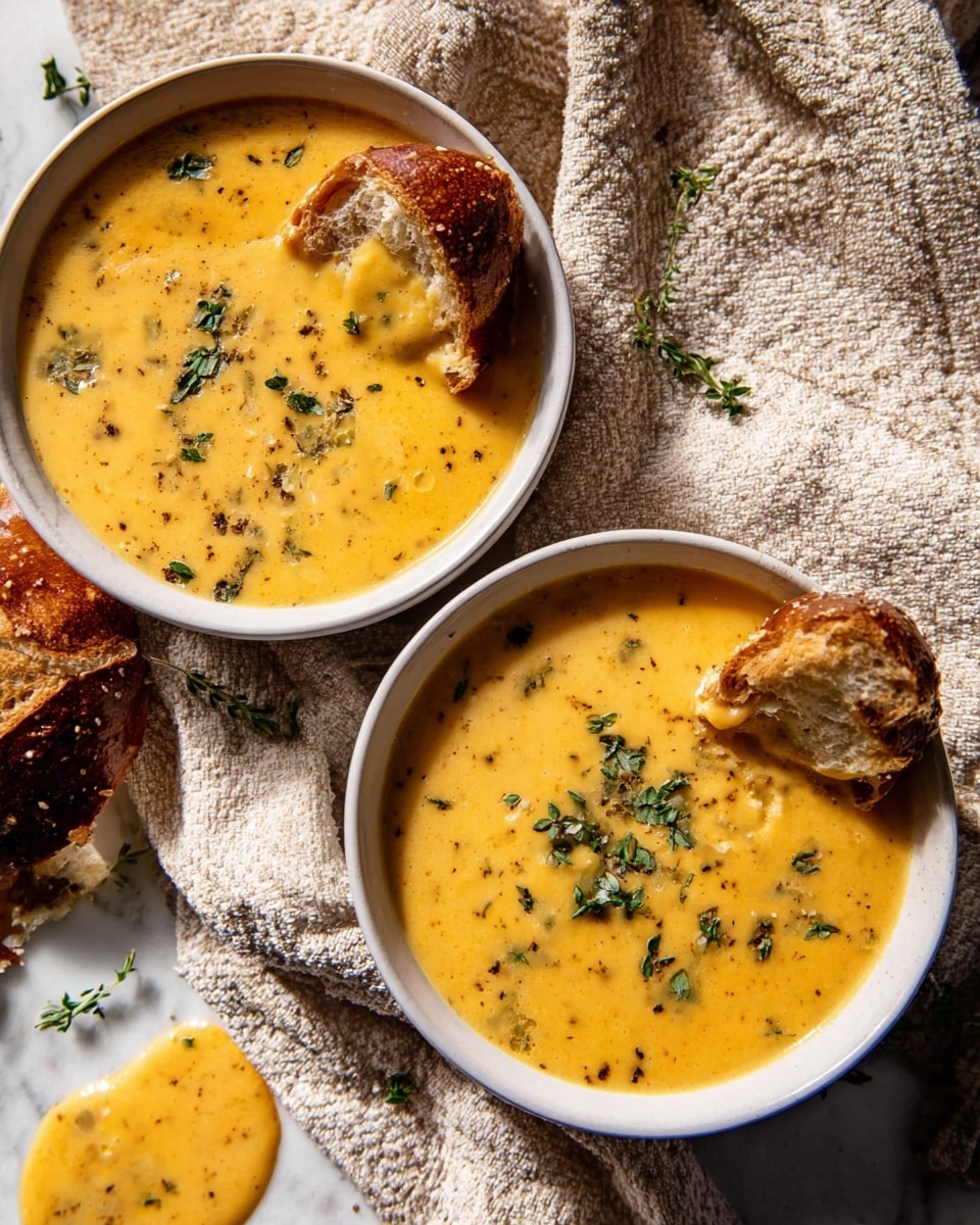 A white bowl filled with creamy orange-yellow soup that has small green herb pieces mixed throughout. One side of the bowl holds a golden-brown twisted bread piece sprinkled with coarse white salt, partially dipped into the soup. A silver spoon rests on the right edge of the bowl, slightly immersed in the soup. In the background, there is another similar bowl and a whole piece of the same twisted bread, all placed on a dark surface with a white marbled texture cloth partially visible on the left side. The lighting highlights the rich texture of the soup and the crispiness of the bread. Photo taken with an iphone --ar 4:5 --v 7
