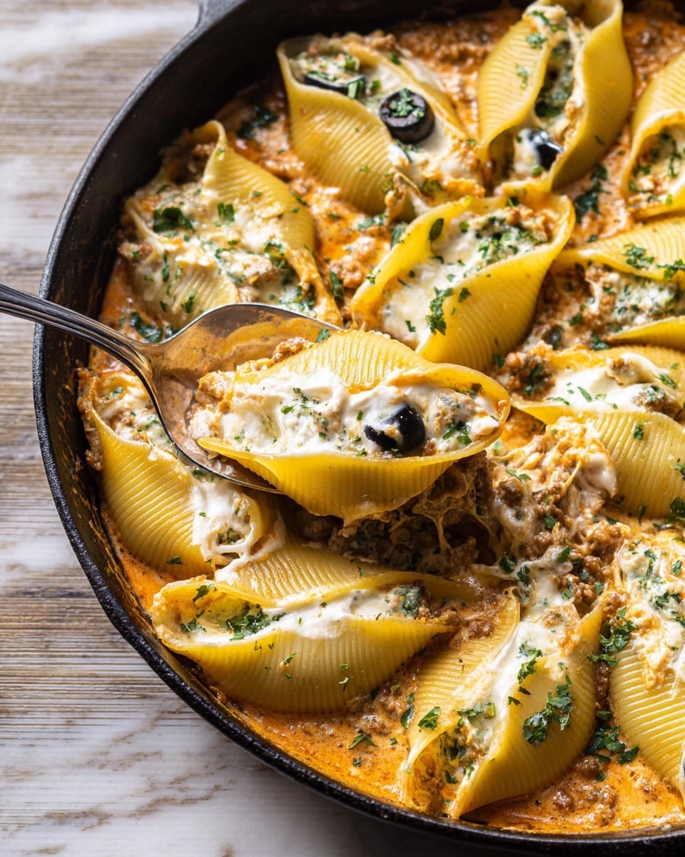 The dish shows large yellow pasta shells in a black cast iron pan, each shell filled with a creamy white cheese mixed with green herbs. The shells are arranged in a single layer over a thick, light orange sauce with visible bits of ground meat. Small green herb leaves and black olive pieces are scattered on top, adding color contrast. Some melted white cheese patches are spread across the shells. A silver spoon is scooping one shell, revealing the herb-filled inside. The background is a white marbled texture photo taken with an iphone --ar 4:5 --v 7