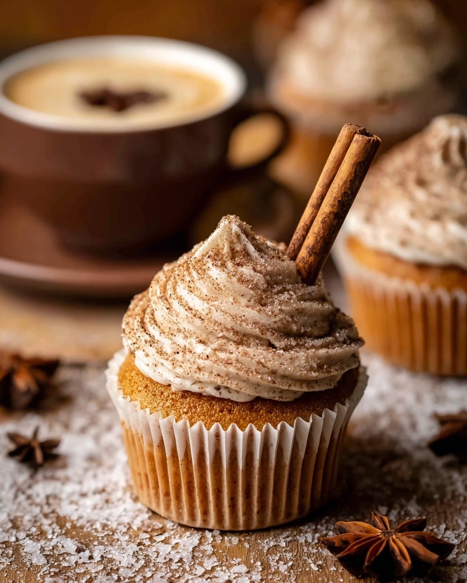 A close-up view of a single cupcake with two main layers: the bottom is a golden-brown cake base with soft ridges from the white paper wrapper surrounding it, and the top has a thick swirl of creamy beige frosting dusted generously with cinnamon and sugar granules. A vertical cinnamon stick is inserted in the frosting's center. In the background, more cupcakes with similar frosting and cinnamon sticks and a brown cup on a saucer with a star anise floating on its creamy surface are softly blurred. The setting is on a wooden surface with scattered sugar and star anise pieces, all under warm lighting. Photo taken with an iphone --ar 4:5 --v 7