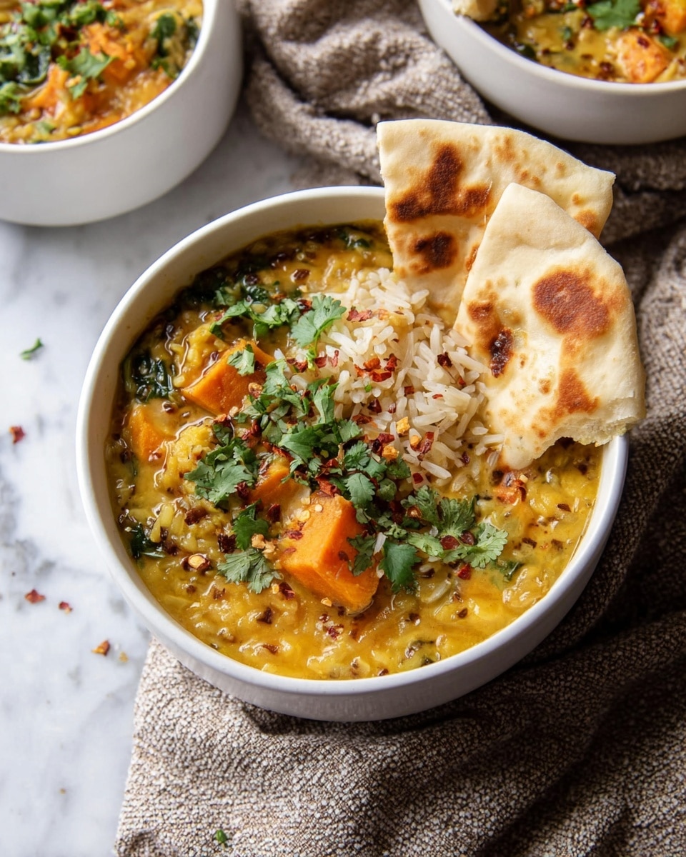 A white cup with two handles is filled with a thick yellow soup containing small pieces of orange sweet potato, green herbs, and visible grains of rice or noodles. Three folded pieces of flatbread with brown charred spots are placed inside the cup, leaning on the soup. On top of the soup, fresh green cilantro leaves add a pop of color. The cup is set on a dark textured surface with a crumpled beige cloth next to it. Another similar cup with soup is slightly blurred in the background. photo taken with an iphone --ar 4:5 --v 7