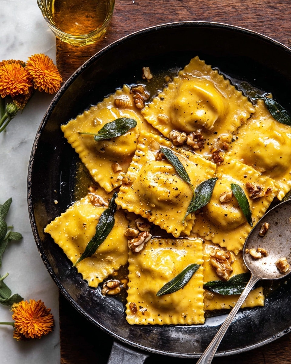 A black skillet filled with several square ravioli pieces, golden yellow in color, with a smooth, slightly shiny texture from the sauce. The ravioli have edges with a fork-pressed pattern and are topped with dark green sage leaves and small pieces of light brown walnuts, all covered in a glossy brown butter sauce with black pepper specks. A silver spoon is placed inside the skillet on the right side, partially under some ravioli and walnuts. In the top left corner, there are small orange flowers, one in a small clear glass and a few loose on the wooden surface beneath, which contrasts with the white marbled texture background. Photo taken with an iphone --ar 4:5 --v 7