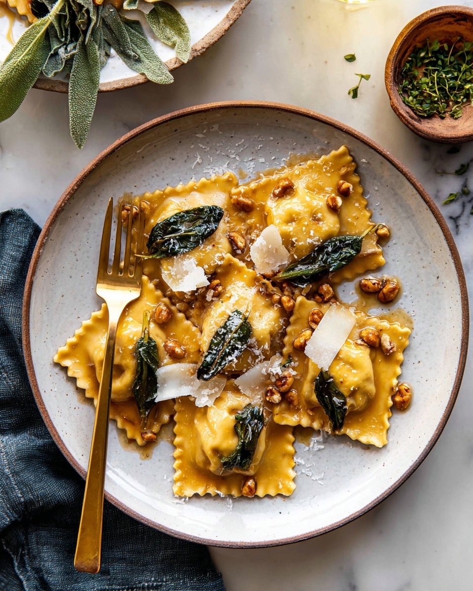 A white plate holds a serving of ravioli with five large, square-shaped pieces filled and covered in a golden-brown sauce. Each ravioli piece has crimped edges and is topped with a few wilted dark green leaves. Scattered on the ravioli are small chunks of light brown nuts and thin white shavings of cheese. A gold fork rests on the left side inside the plate. The plate is set on a white marbled surface with part of another small white plate visible at the top showing more wilted leaves and a small bowl with a green herb next to it. photo taken with an iphone --ar 4:5 --v 7
