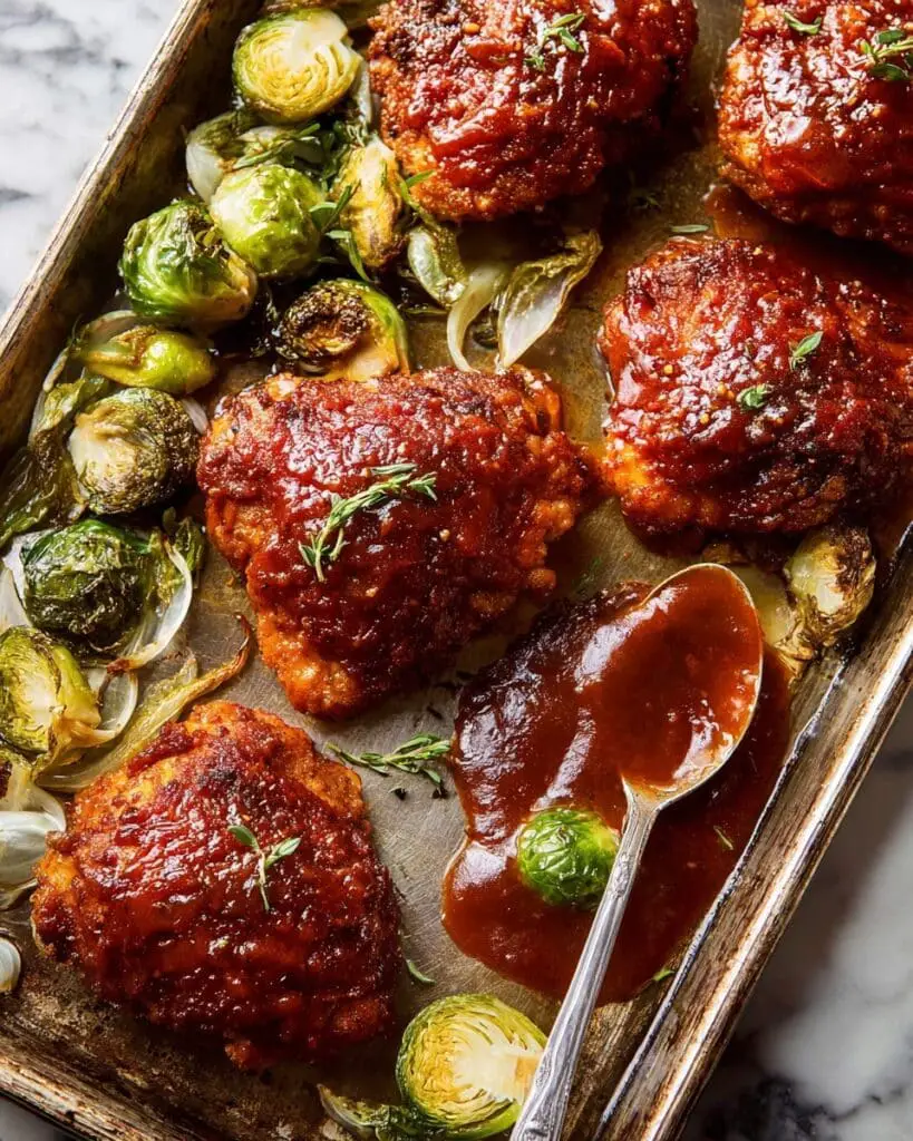 Sheet Pan Hot Honey Mustard Chicken and Crispy Brussels Sprouts Recipe