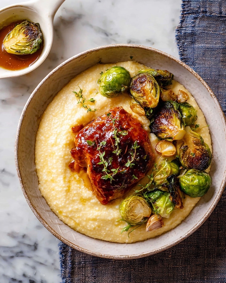 A metal baking tray holds five pieces of crispy chicken, each covered with shiny reddish-brown sauce and garnished with small green herbs. Around the chicken, there are many roasted Brussels sprouts, some whole and some sliced in half, showing golden-brown, caramelized edges. There are also cooked shallots mixed in, looking soft and slightly golden. A large metal spoon with sauce and a single Brussels sprout rests on the tray near the top left, and a small white round bowl filled with reddish sauce and a halved Brussels sprout is on the right side. The tray sits on a white marbled surface. photo taken with an iphone --ar 4:5 --v 7