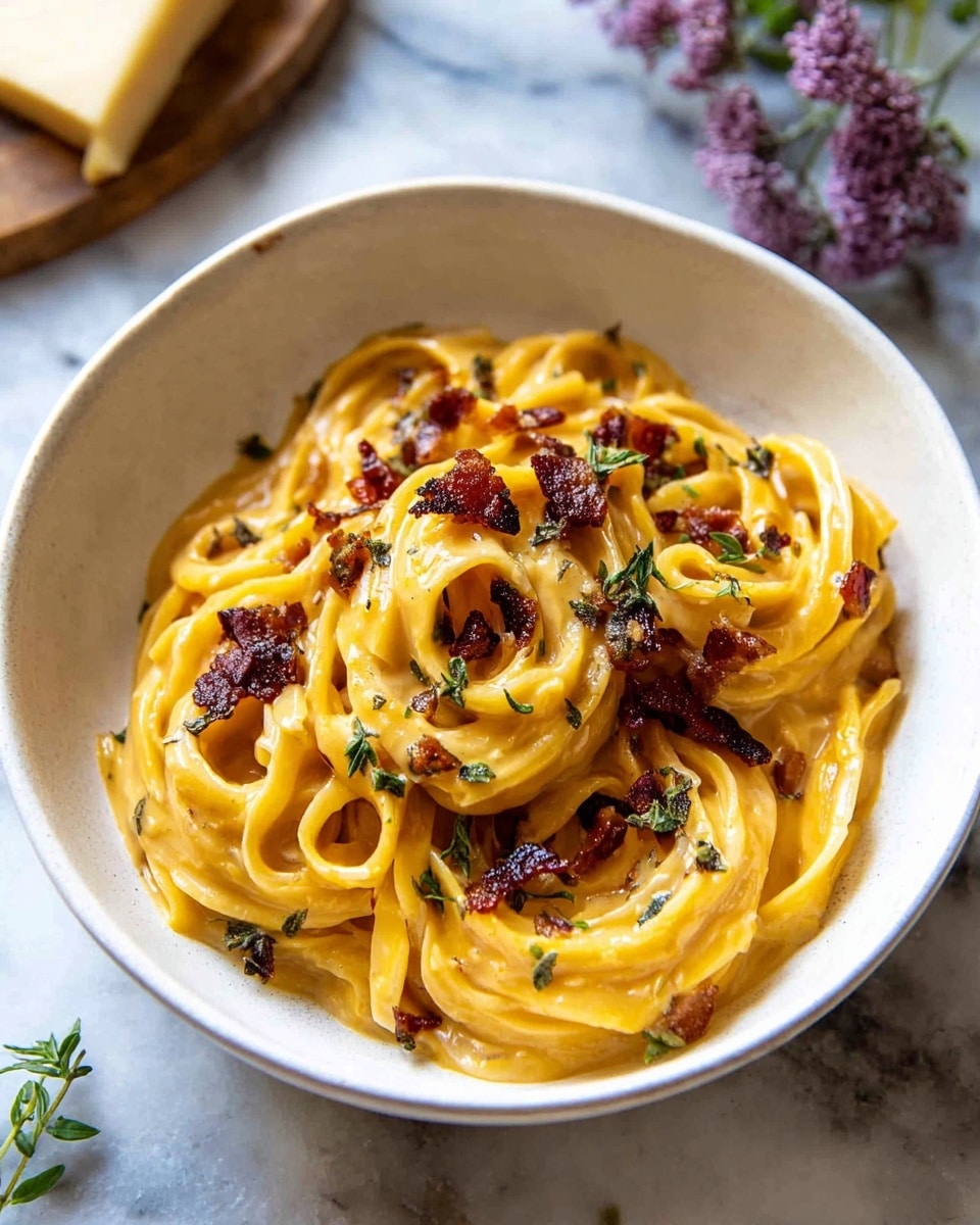 A white bowl is filled with creamy orange pasta twirled into several small nests. The pasta is smooth and shiny, coated in a thick sauce. Scattered over the pasta are small pieces of dark, crispy bacon and fresh green herbs that add color and texture. The bowl sits on a white marbled surface with some blurred purple flowers and a block of cheese in the background. Photo taken with an iphone --ar 4:5 --v 7