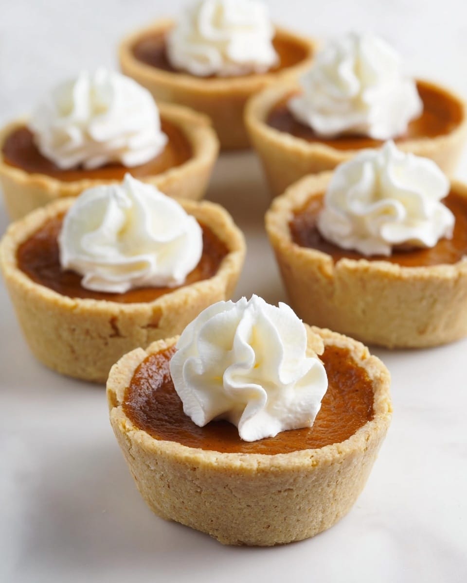 A woman's hand is holding a small pie that is cut in half to show the inside layers. The bottom layer is a light beige crust with a crumbly texture, the middle layer is a smooth, orange pumpkin filling, and the top layer has a small dollop of white whipped cream. In the background, four small whole pumpkin pies with light beige crusts and orange filling are placed in a white tray on a white marbled surface, each topped with whipped cream. Photo taken with an iphone --ar 4:5 --v 7