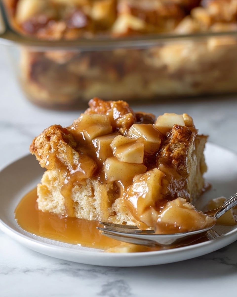The image shows a close-up of a dish with three main layers: at the bottom is a soft, soaked light golden bread base; on top of this layer, there are thick sauce pools of warm caramel brown color; the top layer consists of chunky apple pieces in mixed shades of light cream and red, coated in the same brown sauce. The dish is served on a white plate with a silver fork cutting a piece at the front. The background and surface show a white marbled texture. photo taken with an iphone --ar 4:5 --v 7