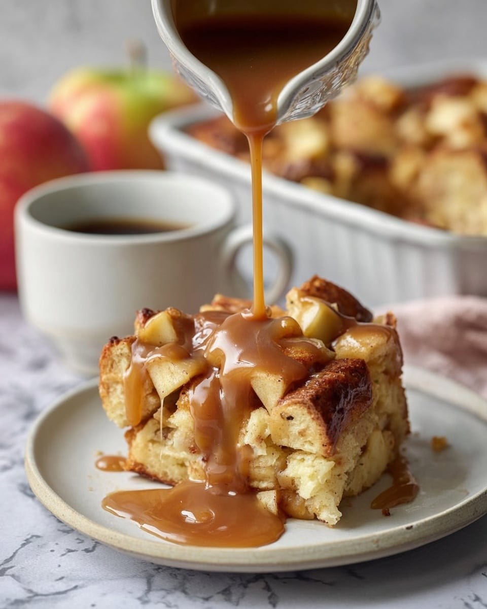 A slice of bread pudding with visible chunks of golden brown baked bread and apple pieces on top and inside, placed on a white plate. A thick, caramel-colored sauce is being poured over the slice, flowing down the sides and pooling on the plate. The bread pudding has a soft, moist texture with a slightly crispy top layer. In the background, there is a white ceramic cup filled with dark liquid and a white marbled surface with a baking dish filled with more bread pudding and some apples around it. photo taken with an iphone --ar 4:5 --v 7
