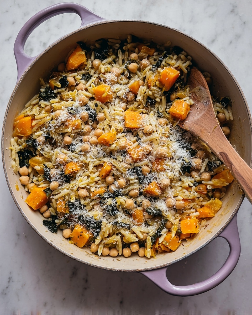 This image shows a pan filled with a cooked mixture that has three main layers: a base of small, pale yellow pasta pieces mixed with light beige chickpeas spread all around; scattered bright orange chunks of cooked squash and bits of dark green leafy vegetables sitting evenly among the pasta and chickpeas; topped lightly with a sprinkle of white grated cheese all over. A wooden spoon with a hole near the handle edge rests in the pan to the right side. The pan itself is light purple with two handles and placed on a white marbled surface. photo taken with an iphone --ar 4:5 --v 7