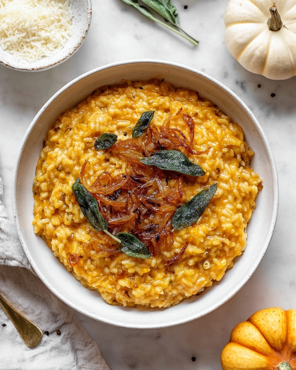 A white bowl filled with creamy orange risotto sits on a white marbled surface, topped with brown caramelized onions and scattered green sage leaves. The risotto has a thick, textured look with visible grains of rice in an orange sauce. A golden spoon rests inside the bowl on the right side, partially submerged in the risotto. Some grated cheese is sprinkled lightly over the dish, enhancing the rich colors. Around the bowl are a few whole sage leaves and two small pumpkins with an orange-grey hue. Photo taken with an iphone --ar 4:5 --v 7