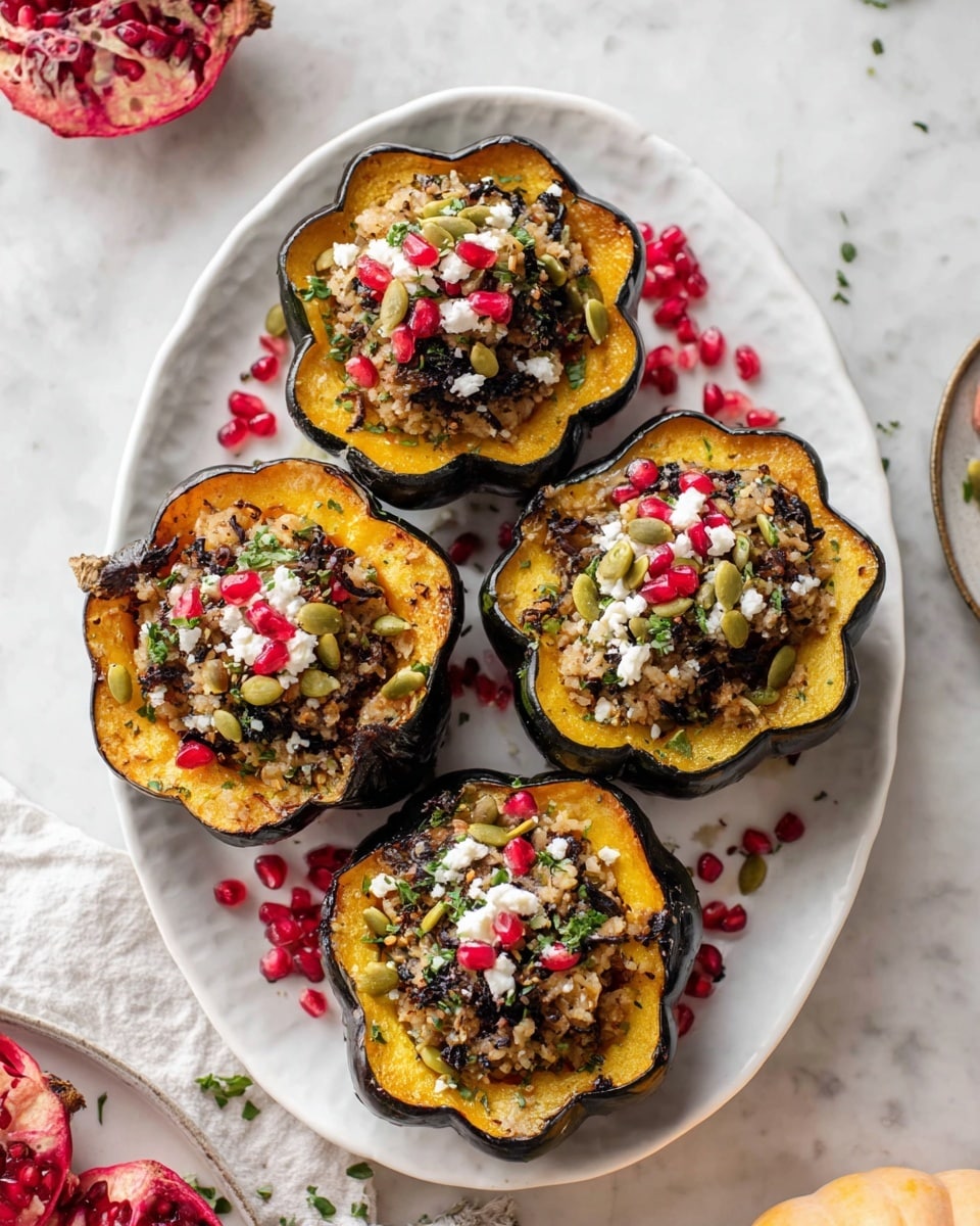 The dish shows one thick round slice of roasted acorn squash with dark green edges and bright orange flesh forming a flower shape, placed in the center of a white plate on a white marbled surface. The squash is filled with a mix of cooked rice, small pieces of sautéed mushrooms, light brown diced onions, dark dried cranberries, green pumpkin seeds, white crumbled cheese, and small red pomegranate seeds sprinkled throughout. Around the edge of the plate near the squash are some more scattered pomegranate seeds. A gold fork rests on the lower right side of the plate. The lighting highlights the glossy texture of the squash and the fresh colors of the filling items. photo taken with an iphone --ar 4:5 --v 7