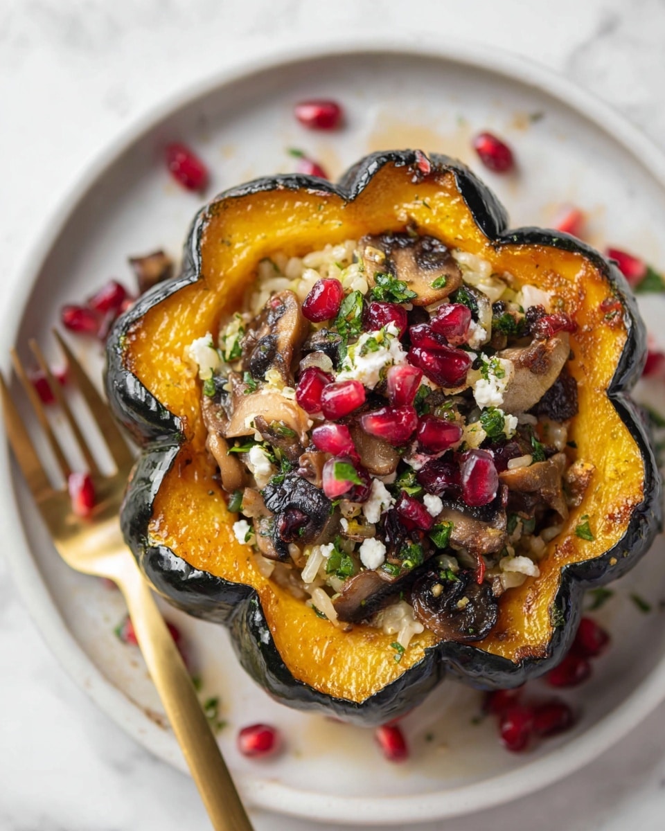 The image shows four acorn squash halves arranged on a white oval plate, each with a scalloped edge and filled with a mixture of textured ingredients including rice, chopped mushrooms, and herbs. The top layer of the filling is decorated with scattered white cheese crumbs, bright red pomegranate seeds, and green pumpkin seeds, adding color and texture contrast. Around the plate, pomegranate seeds and pieces of pomegranate fruit add extra red color, all placed on a white marbled surface. The photo taken with an iphone --ar 4:5 --v 7