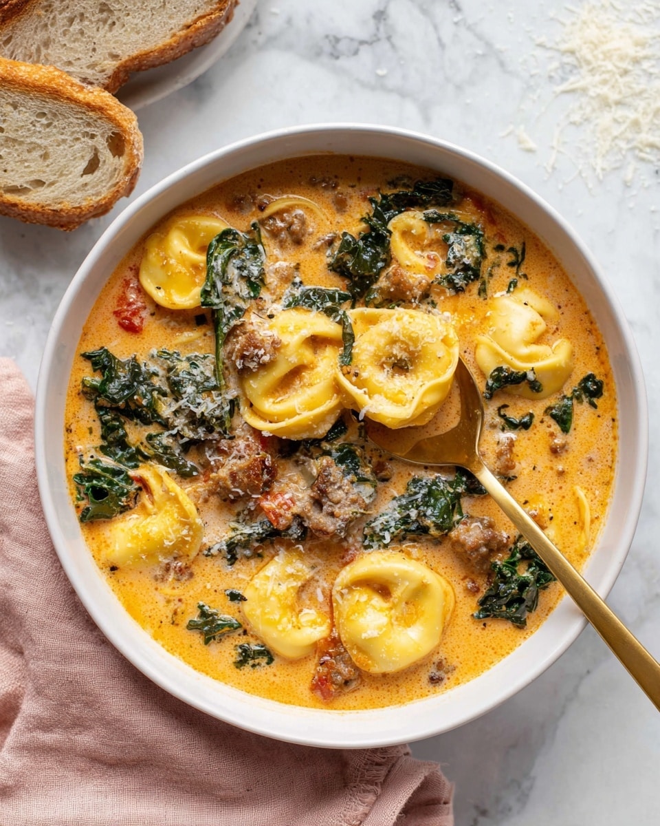 The dish is a bowl of creamy tortellini soup served in a white bowl on a white marbled surface. The soup has about two layers: the base is an orange cream broth with a smooth texture, and floating in the broth are golden-yellow tortellini pasta filled with cheese. Scattered throughout the bowl are dark green leafy vegetables and small pieces of browned sausage. The soup is lightly sprinkled with grated cheese, adding a fine white dust on top. A gold spoon rests inside the bowl, lifting up a tortellini with some greens and sausage. To the side, there is a slice of rustic whole wheat bread and a hint of a pink cloth napkin nearby. Photo taken with an iphone --ar 4:5 --v 7