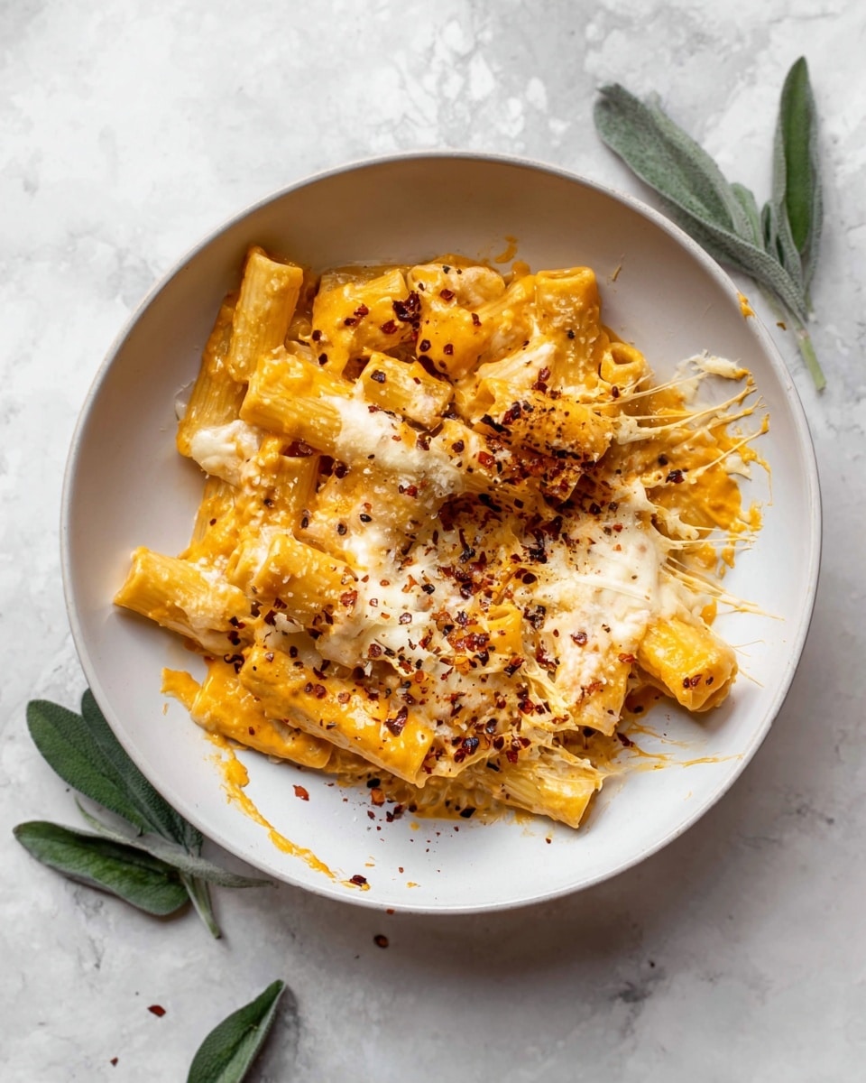 A white bowl filled with baked pasta showing about two layers: the bottom layer has rigatoni pasta in a rich orange sauce, and the top layer is melted creamy cheese sprinkled with white grated cheese and red pepper flakes; a silver fork rests inside the bowl on the right side, and two green leaves are placed on the white marbled surface beside the bowl, photo taken with an iphone --ar 4:5 --v 7