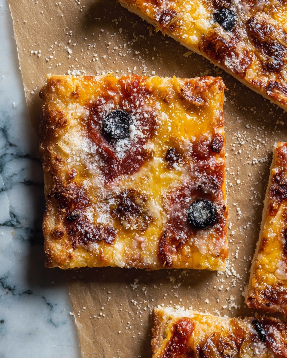 The image shows a pizza sliced into six rectangular pieces arranged on light brown paper over a white marbled surface. The pizza has three main layers: a golden, slightly thick crust at the bottom with a soft texture; a middle layer of melted cheese with a creamy white and light yellow color; and a top layer covered with scattered pieces of dark bacon, caramelized onions with a deep brown color, and sprinkled white Parmesan cheese. Small dark green herb leaves are also spread across the top. The pizza slices have slightly crispy edges and a rich, textured appearance. photo taken with an iphone --ar 4:5 --v 7