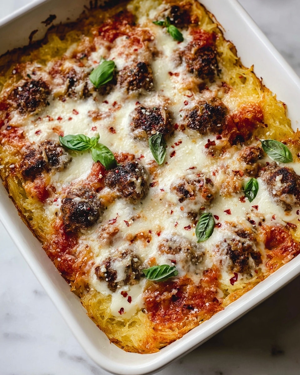 The dish is a baked casserole in a white square dish, with one main layer of golden-yellow spaghetti squash strands forming the base. On top, there are scattered dark brown meatballs covered in melted, bubbly white cheese that has browned slightly in places. Bright red tomato sauce peeks through in spots beneath the cheese, giving a vibrant contrast. The surface is sprinkled with white grated Parmesan and small red chili flakes. Fresh green basil leaves are placed on top, adding a pop of color and freshness. The dish rests on a white marbled textured surface photo taken with an iphone --ar 4:5 --v 7