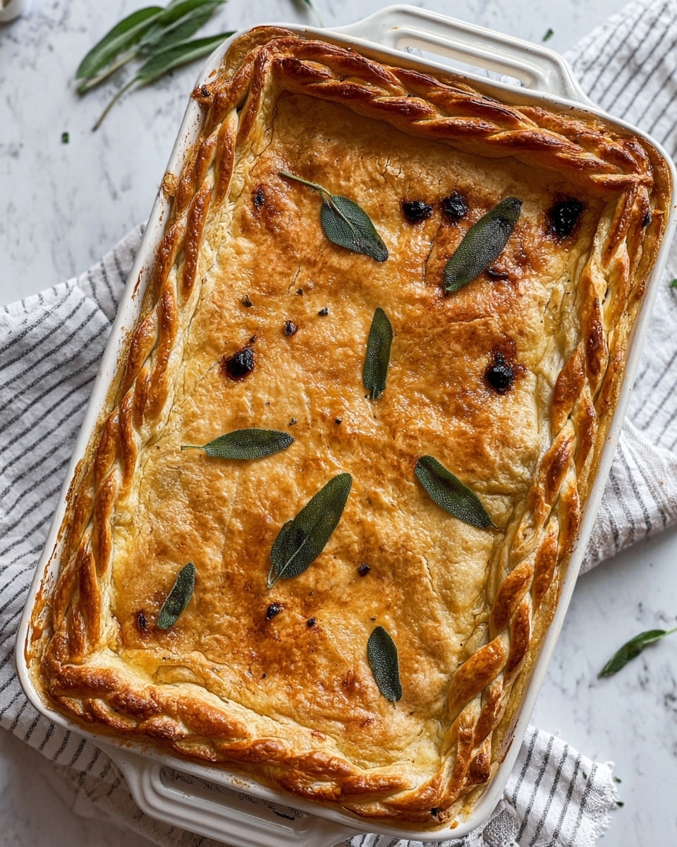 A rectangular golden brown baked pie sits in a white ceramic dish with handles, showing a thick, flaky crust twisted in a rope pattern along the edges, rising slightly above the dish rim. The pie's top layer is smooth but uneven with browned spots and is decorated with scattered fresh green sage leaves and small dark burnt bits evenly spread across the surface. The dish rests on a white marbled background with a striped cloth partially visible under it. Photo taken with an iphone --ar 4:5 --v 7