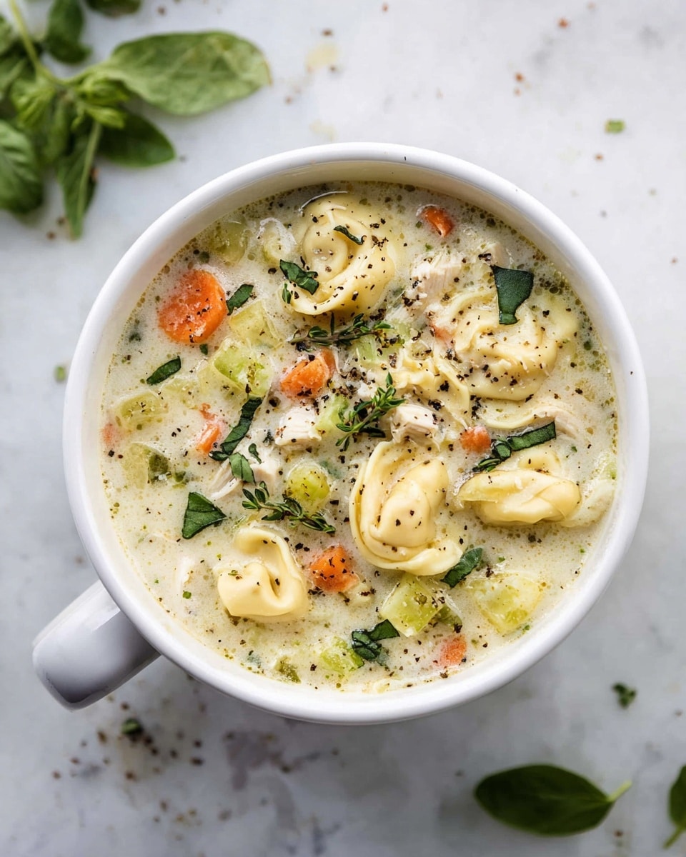 A white cup filled with creamy soup showing soft yellow tortellini, small orange carrot cubes, light green celery pieces, and shredded white chicken, all mixed in a thick light cream broth. The soup is topped with small fresh green herb leaves and sprinkled with black pepper, placed on a white marbled surface with a few loose green herb leaves around. Photo taken with an iphone --ar 4:5 --v 7