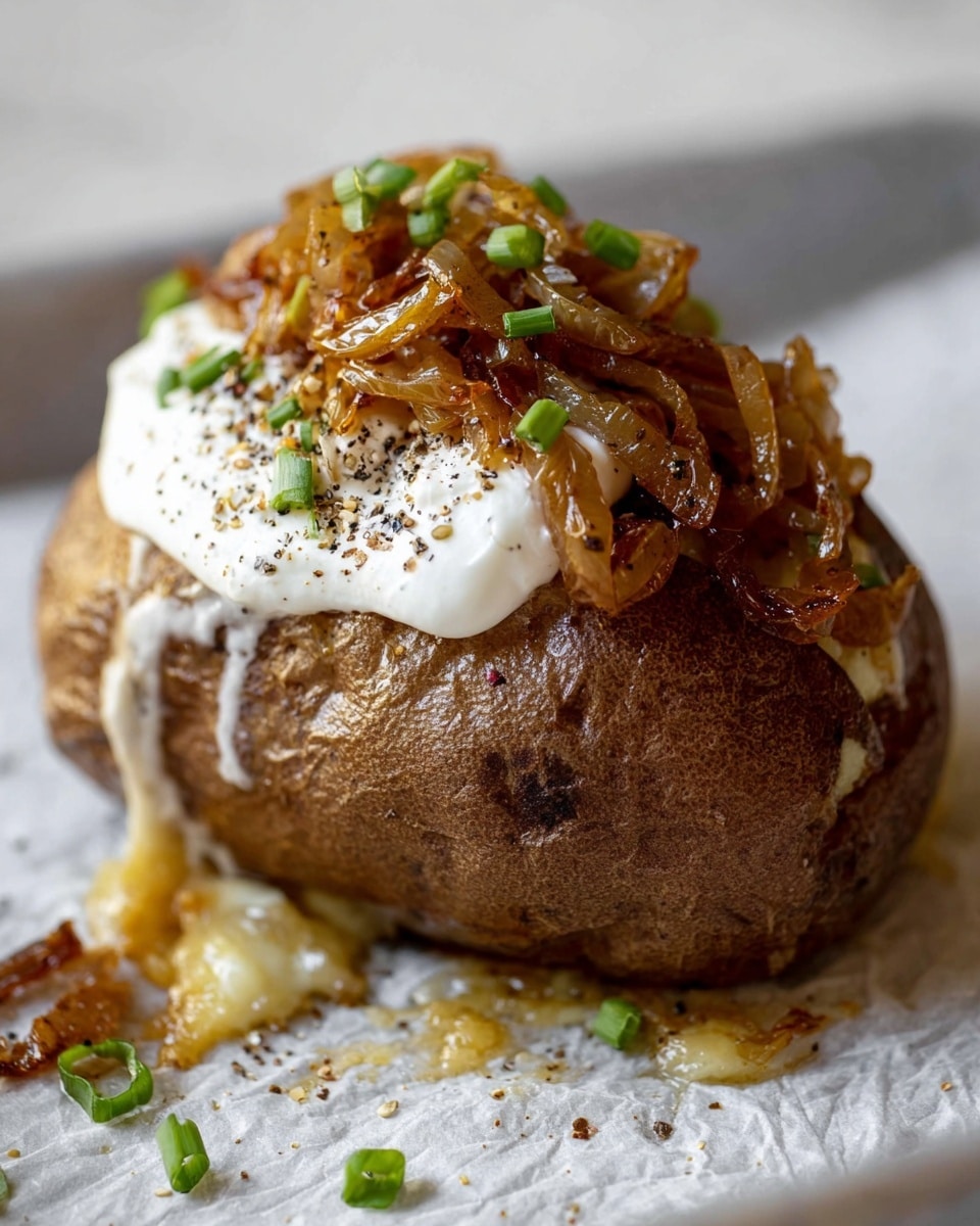 A baked potato with a rough brown skin sits on a textured white surface, with melted cheese dripping down its sides. On top, there is a thick scoop of white sour cream sprinkled with black pepper and small green chives. Above the sour cream, a generous layer of caramelized onions is piled high, showing a glossy, rich golden-brown color. Small bits of chives are scattered around the potato on the surface. Photo taken with an iphone --ar 4:5 --v 7