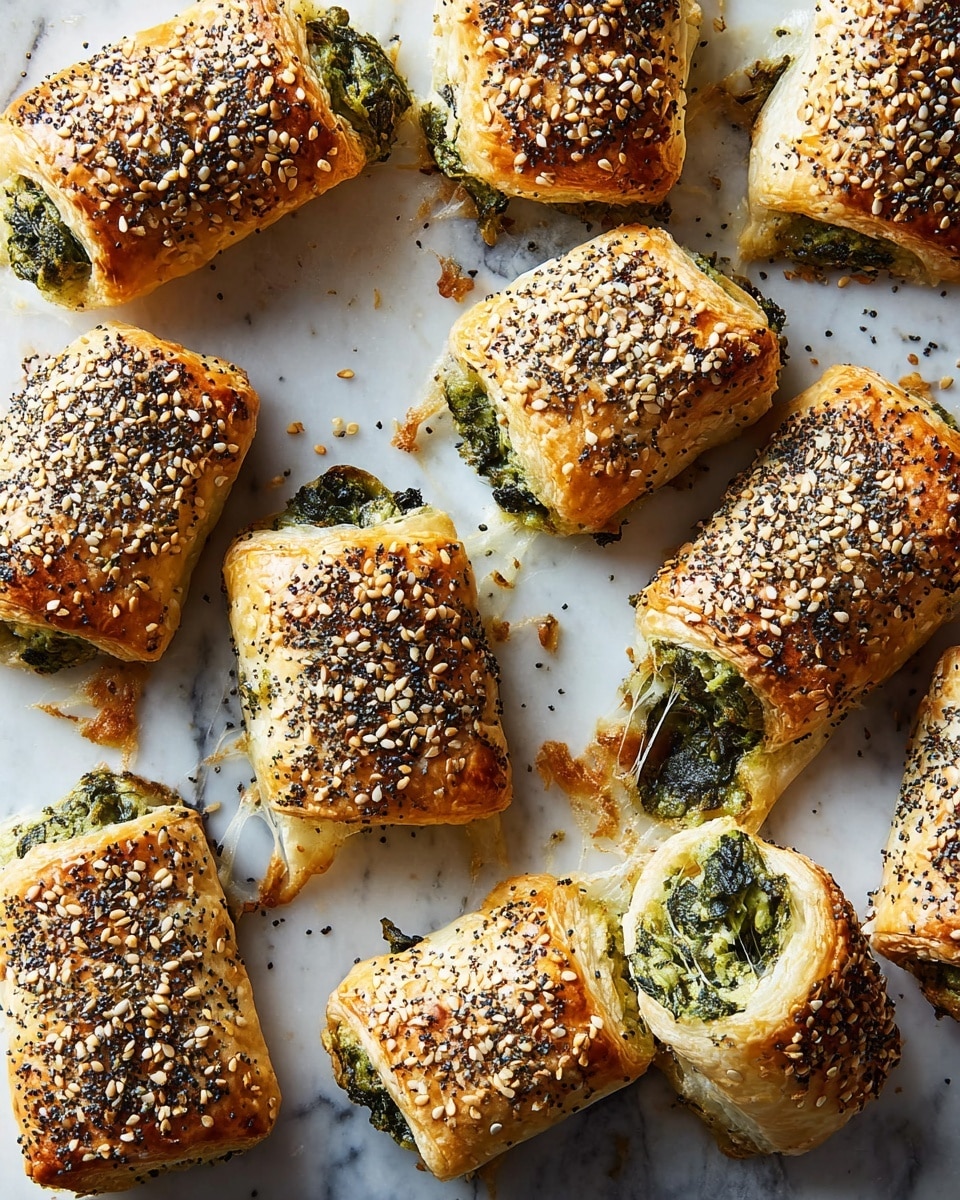The image shows several golden brown puff pastry rolls filled with a green spinach and cheese mixture peeking out from the ends. Each roll is about two layers thick, with a flaky and crisp outer layer sprinkled generously with a mix of toasted sesame and poppy seeds. The rolls are irregularly placed on a white marbled surface, some showing melted cheese strings stretching between pieces. The texture looks crunchy on top with a soft, creamy filling inside spread within the green spinach layer. photo taken with an iphone --ar 4:5 --v 7