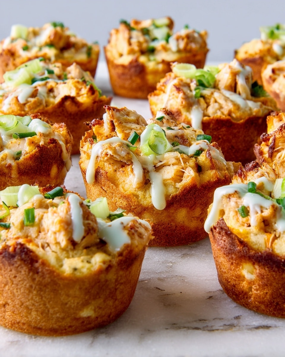 The image shows several crispy, golden-brown mini muffin-shaped savory cups filled with a creamy mixture of shredded chicken and cheese. Each cup has a rough, browned outer crust with a textured, soft inside filled with chunky chicken pieces mixed with cheese. On top, there are fresh green celery slices and small pieces of crumbled blue cheese, along with drizzles of white sauce. Chopped green chives are scattered over and around the cups, all placed on a white marbled surface. Photo taken with an iphone --ar 4:5 --v 7
