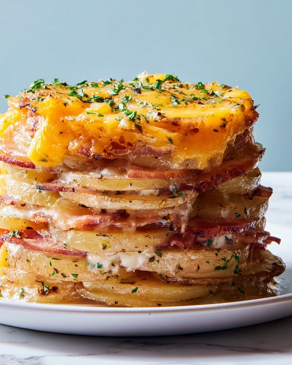 Five round layered mini sandwiches sit on a white plate on a white marbled surface. Each sandwich has three visible layers: a golden-brown base, a middle layer of light pink meat, and a thick melted yellow cheese layer on top with small green herb sprinkles. Some melted cheese drips slightly down the sides. In the background to the right, there is a small white bowl filled with finely chopped green herbs. photo taken with an iphone --ar 4:5 --v 7